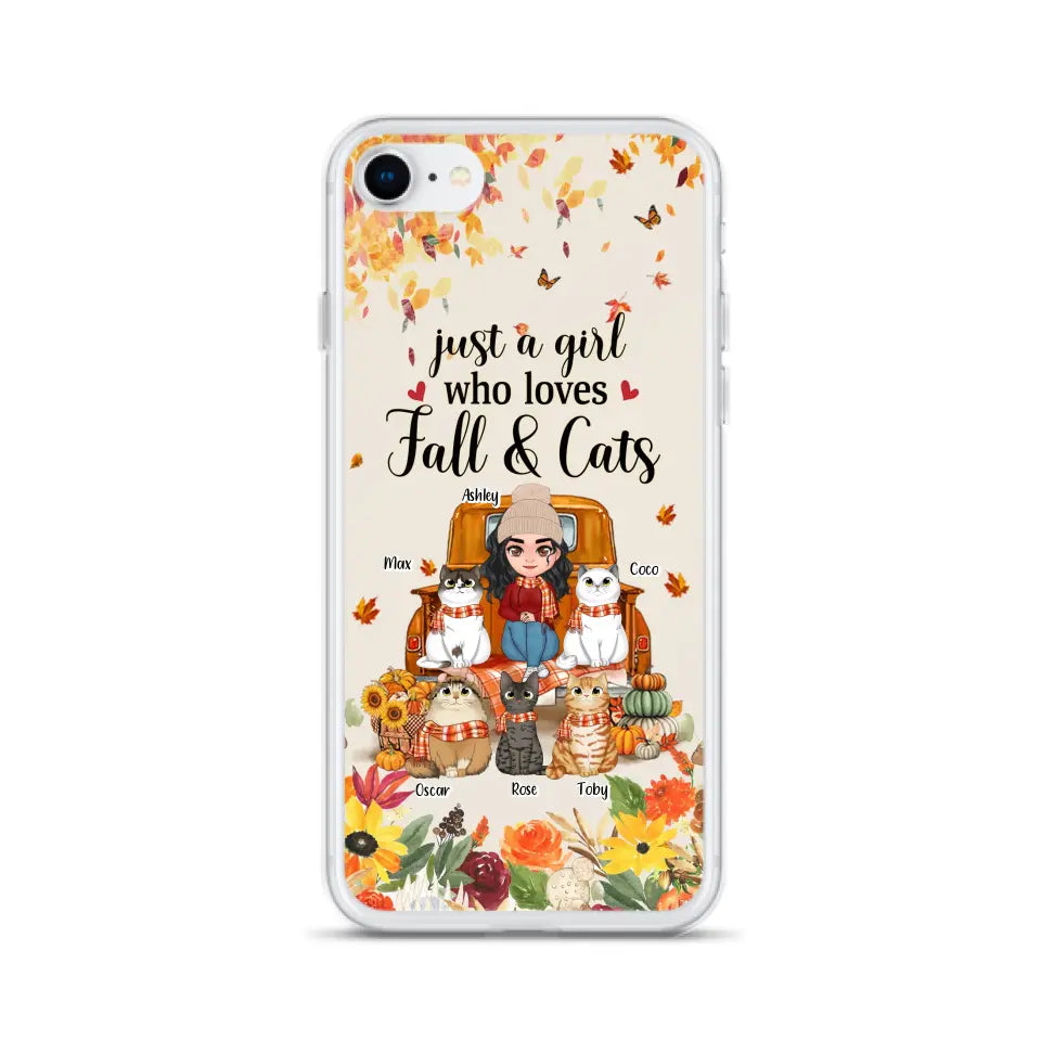 Custom Personalized Cat Mom Autumn Phone Case - Gift Idea For Cat Owners - Upto 5 Cats -  Case For iPhone/Samsung - Just A Girl Who Loves Fall & Cats