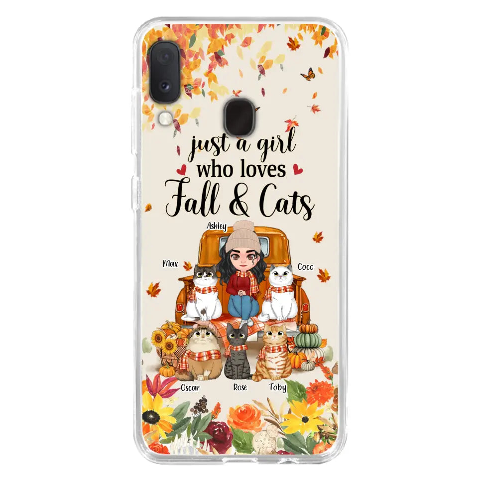 Custom Personalized Cat Mom Autumn Phone Case - Gift Idea For Cat Owners - Upto 5 Cats -  Case For iPhone/Samsung - Just A Girl Who Loves Fall & Cats