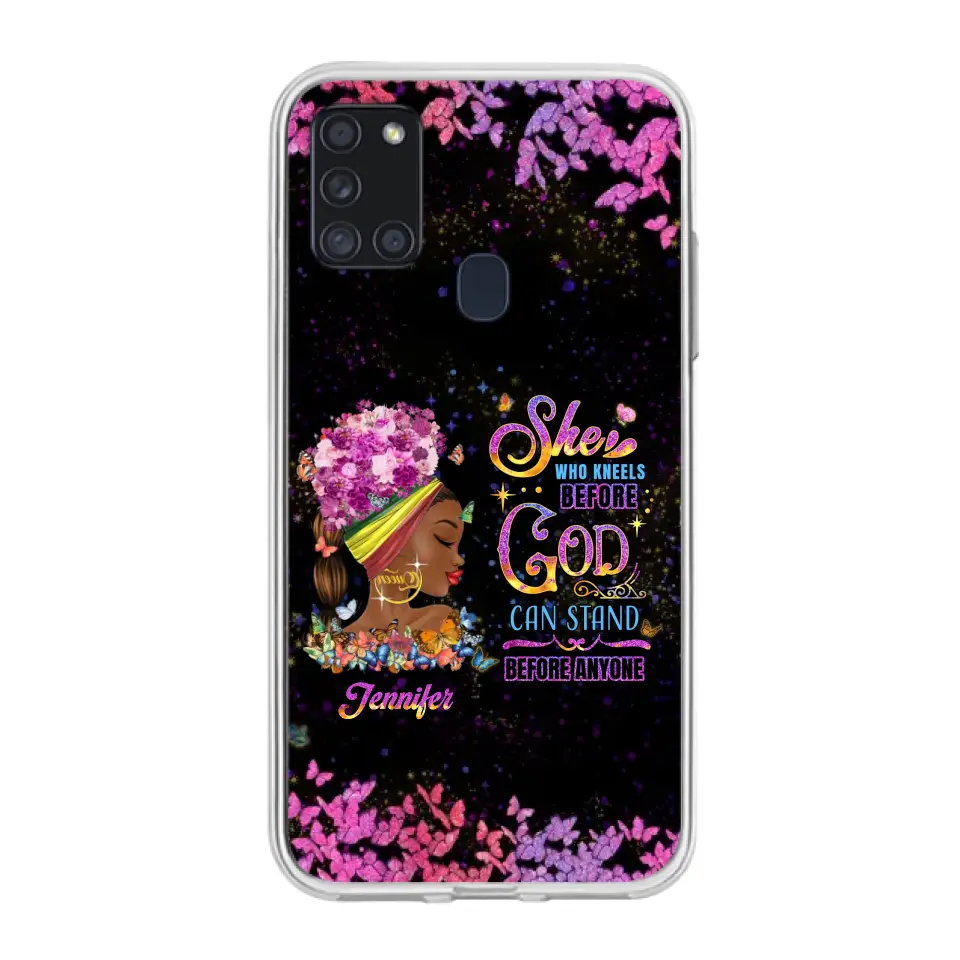 Custom Personalized Black Girl Phone Case - Gift Idea for Birthday/Friends - She Who Kneels Before God Can Stand Before Anyone - Case For iPhone/Samsung