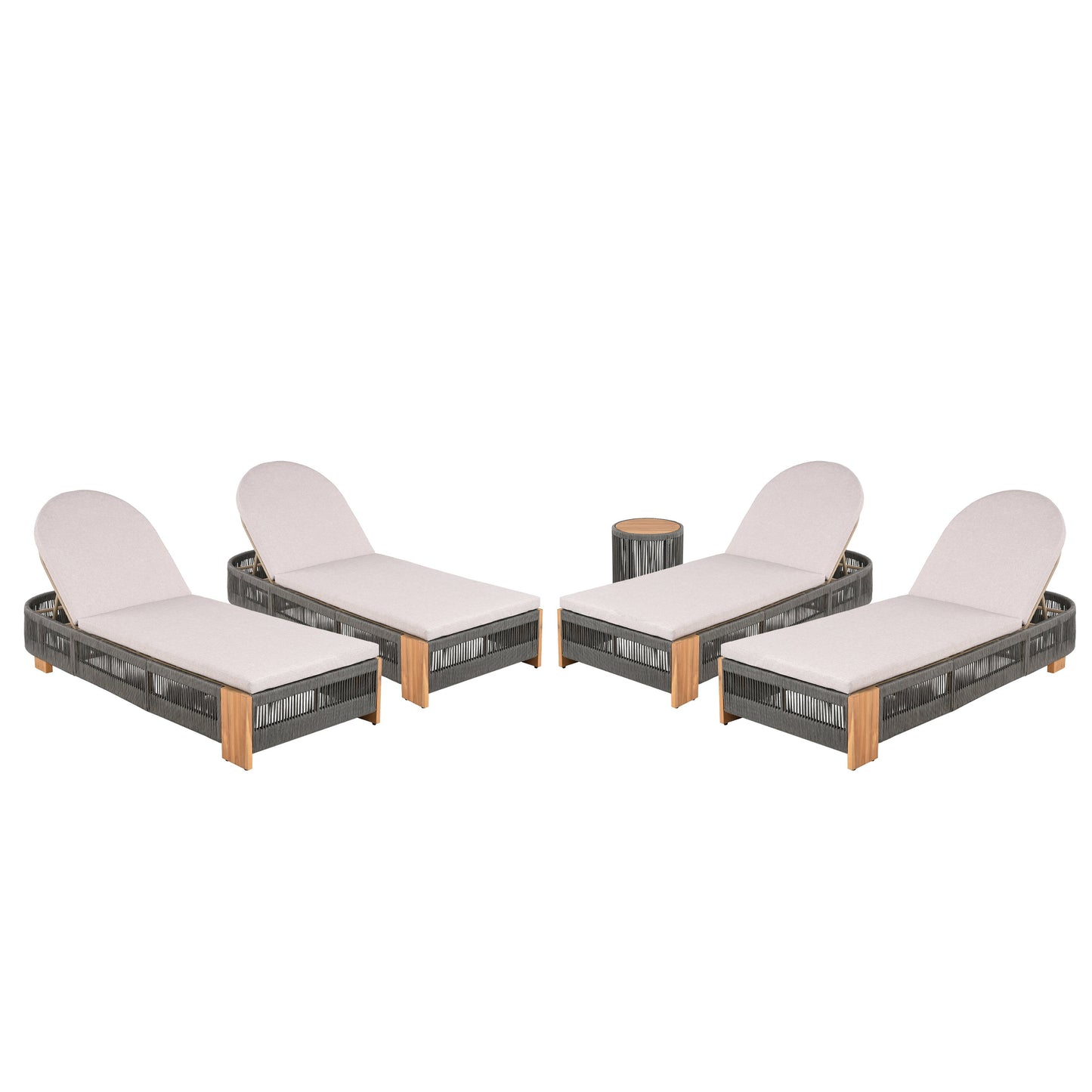 Outdoor Rope Chaise Lounge Set with Teak Look Side Table