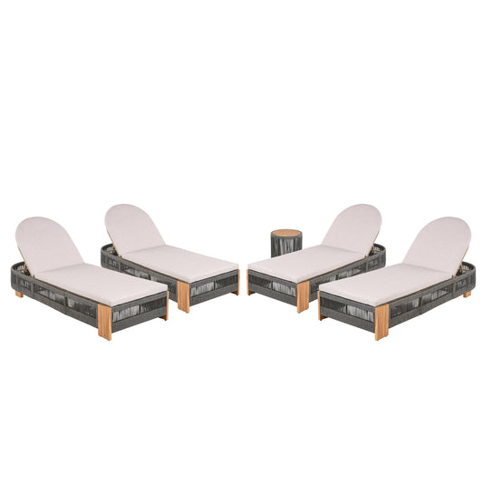 Outdoor Rope Chaise Lounge Set with Teak Look Side Table
