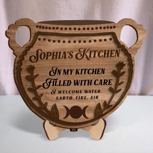Personalized Witch 2 Layered Wooden Art - Gift Idea for Wicca/Pagan Decor - In My Kitchen Filled With Care I Welcome Water Earth Fire Air