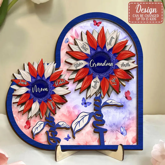 Personalized First Mom Now Grandma Sunflower 2 Layered Wooden Art - Up to 15 Kids And 15 Grandkids - 4th Of July Gift Idea For Grandma/Mom