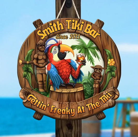 Personalized Tiki Bar Wooden Sign - Gift Idea For Summer/Family - Custom Family Name - Gettin' Freaky At The Tiki