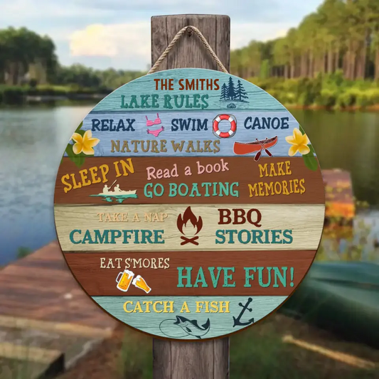 Personalized Lake Rules Wooden Sign - Gift Idea For Family - Eat S'mores Have Fun Catch A Fish