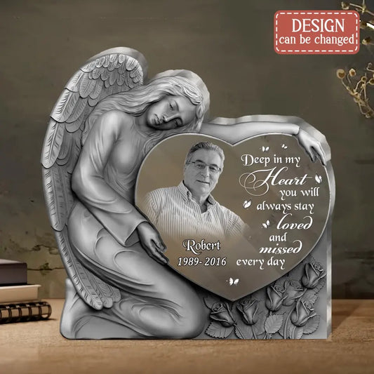 Personalized Angel Heart Memorial Acrylic Plaque - Memorial Gift Idea For Christmas/Family Member - Upload Photo - Deep In My Heart You Will Always Stay Loved And Missed Every Day