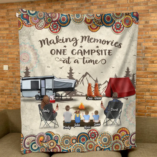 Personalized Floral Retro Vintage Camping Quilt/Fleece Throw Blanket - Gift Idea For Family/Camping Lover - Parents/Single Parent With Up to 4 Kids, 4 Pets - Making Memories One Campsite At A Time