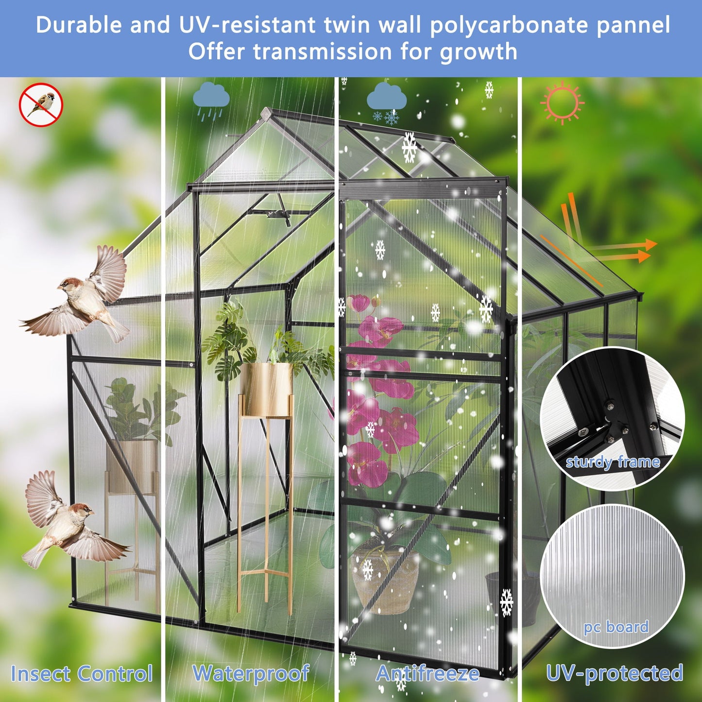 Polycarbonate house Raised Base And Anchor Aluminum Heavy Duty Walk-In houses For Outdoor Backyard In All Season