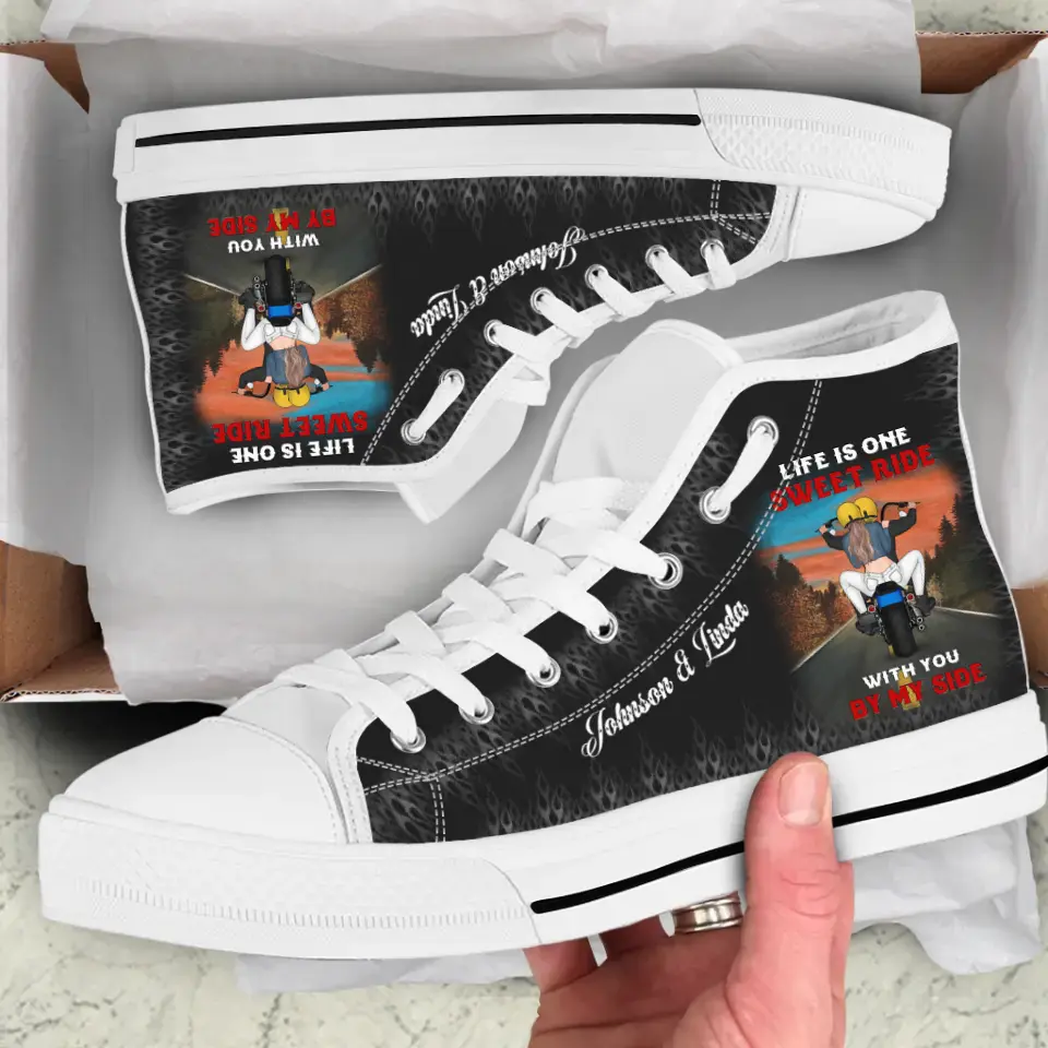 Personalized Riding Couple High Top Canvas Shoes - Gift For Couple/Husband & Wife/Motorcycle Lovers - Life Is One Sweet Ride With You By My Side