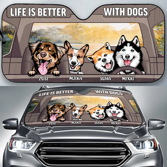 Personalized Dog Car Sunshade - Up to 4 Dogs - Gift Idea For Dog Lover - Life Is Better With Dogs