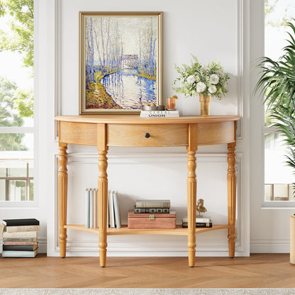TREXM Farmhouse Half Moon Console Table with Drawer & Shelf