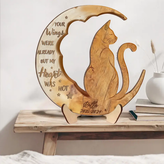 Personalized Cat Moon Wooden Art - Memorial Gift Idea - Your Wings Were Already But My Heart Was Not