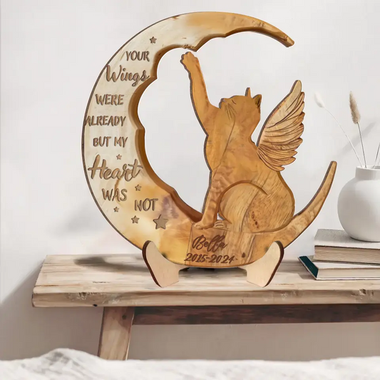Personalized Cat Moon Wooden Art - Memorial Gift Idea - Angels Don't Always Have Wings Sometimes They Have Whiskers