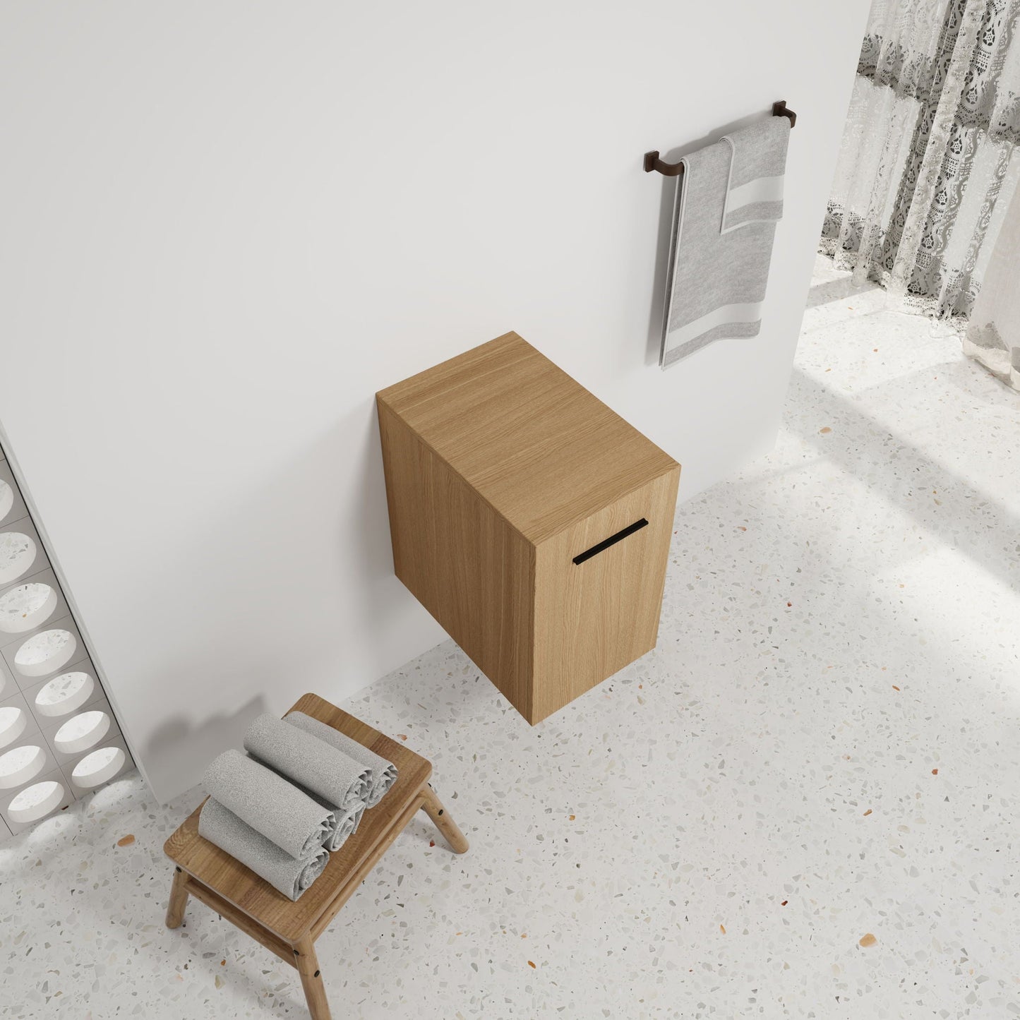 Floating Bathroom Vanity Single Door Base Cabinet, Wall Mounted Storage - Light Oak