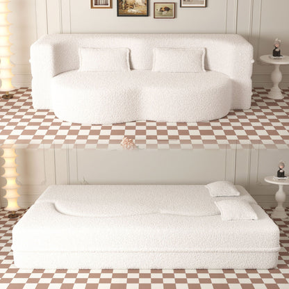 Modern Floor Sofa With Two Pillows Convertible Teddy Fabric Foam Filled Bed