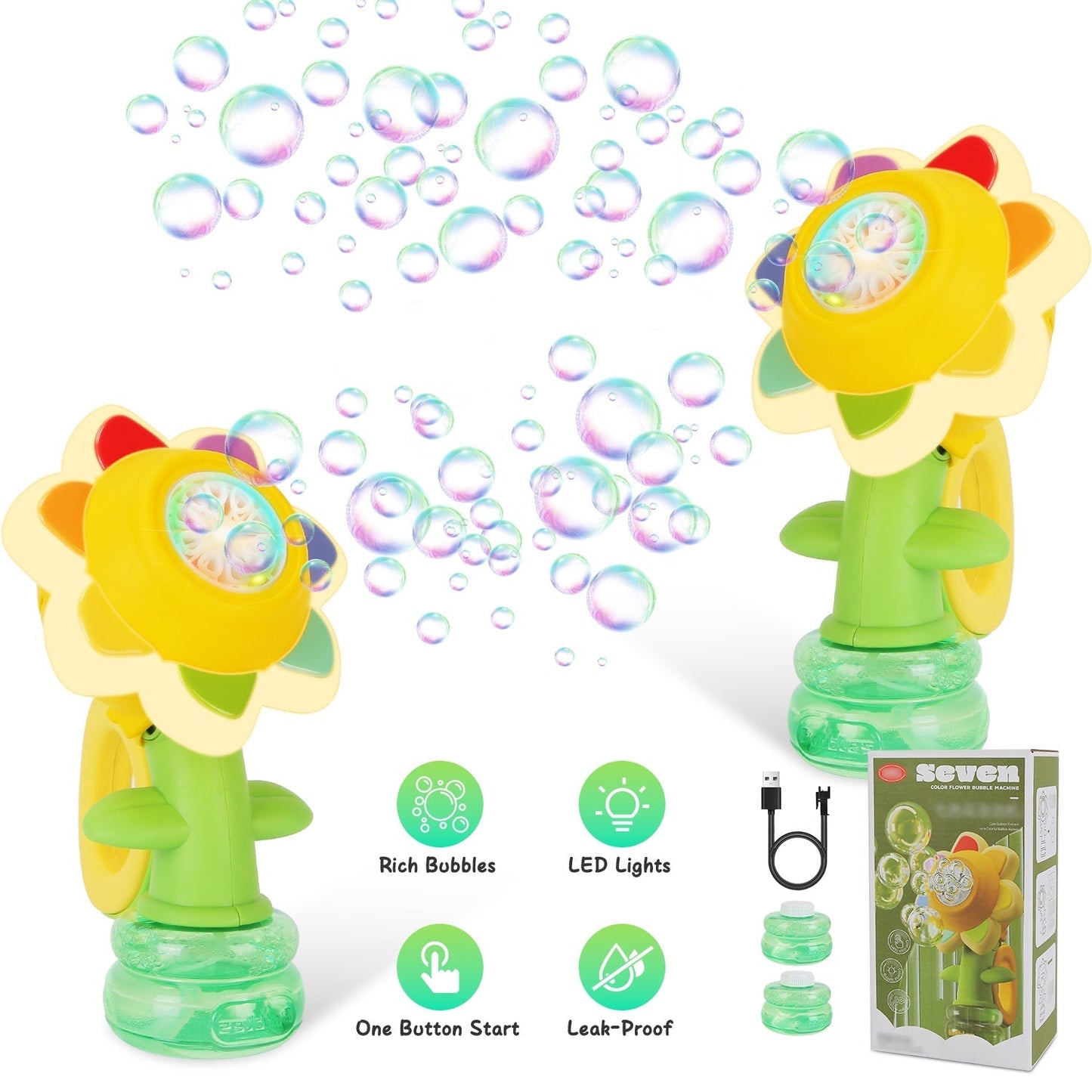 2Pcs Bubble Machines With Lights For Kids Rechargeable Dancing Sunflower Bubble Maker For 4-8Years Old Toddlers Outdoor Summer Play Toy Party Birthday