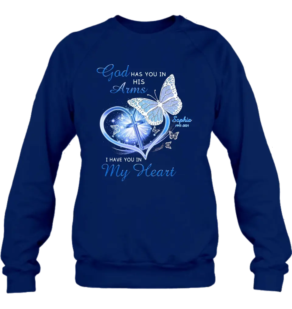 Personalized Memorial T-shirt/Long Sleeve/Sweatshirt/Hoodie - Memorial Gift Idea - God Has You In His Arms I Have You in My Heart