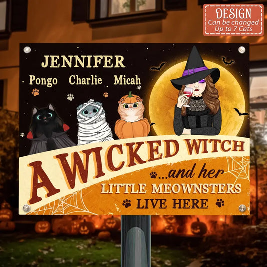 Personalized Halloween Witch Cat Metal Sign - Gift Idea For Family/Pet Lover - Up to 7 Cats - A Wicked Witch And Her Little Meownsters Live Here