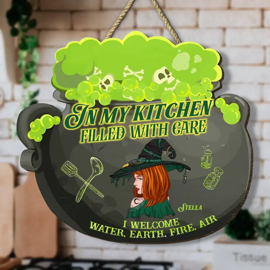 Personalized Witch Wooden Sign - Halloween Gift Idea For Witch/Pagan Decor - In My Kitchen Filled With Care I Welcome Water, Earth, Fire, Air