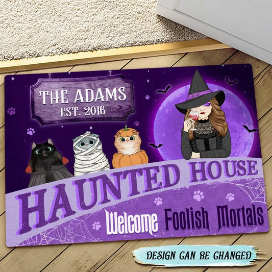 Personalized Witch Cat Doormat - Halloween Gift Idea For Family/Pet Lover - Up to 7 Cats - Haunted House Welcome Foolish Mortals