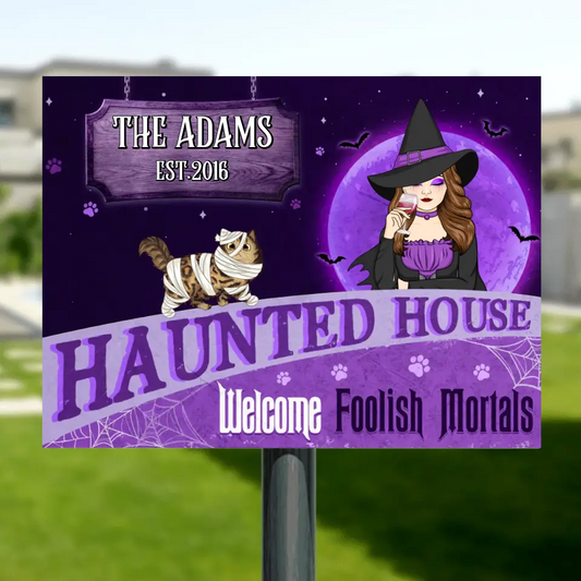 Personalized Witch Cat Metal Sign - Halloween Gift Idea For Family/Cat Lover - Up to 6 Cats - A Wicked Witch And Her Little Meownsters Live Here
