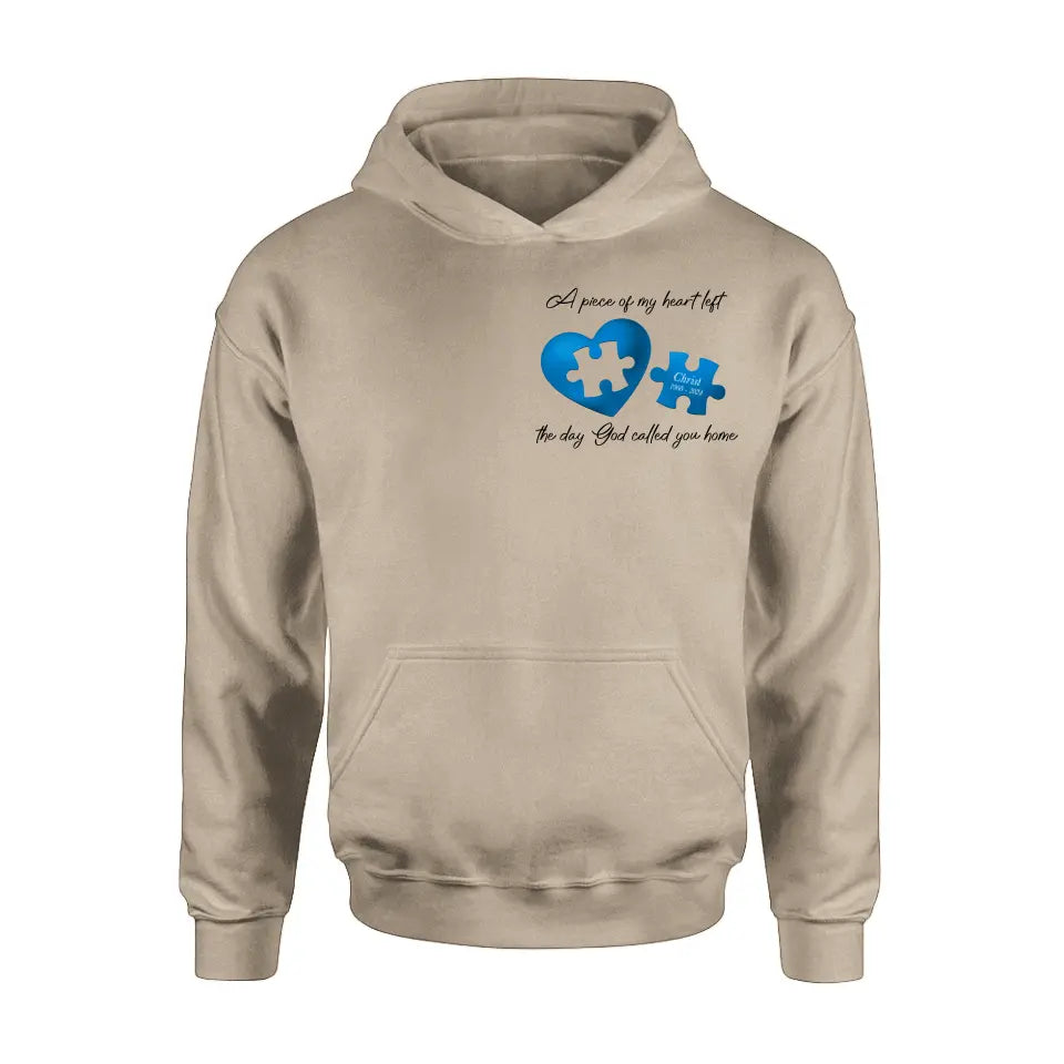 Personalized Memorial Shirt/Hoodie - Memorial Gift Idea for Mother's Day/Father's Day - A Piece Of My Heart Left The Day God Called You Home