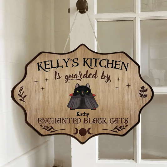Personalized Cat Wooden Sign - Halloween Gift Idea For Cat Lover - Up to 7 Cats - Witch's Kitchen Is Guarded By Enchanted Black Cats