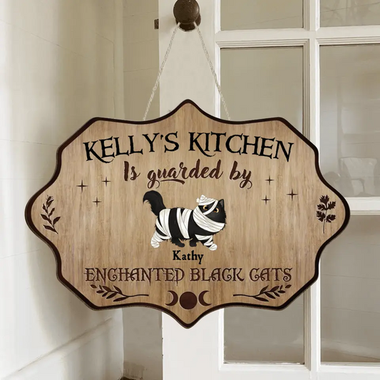 Personalized Cat Wooden Sign - Halloween Gift Idea For Cat Lover - Up to 6 Cats - Witch's Kitchen Is Guarded By Enchanted Black Cats