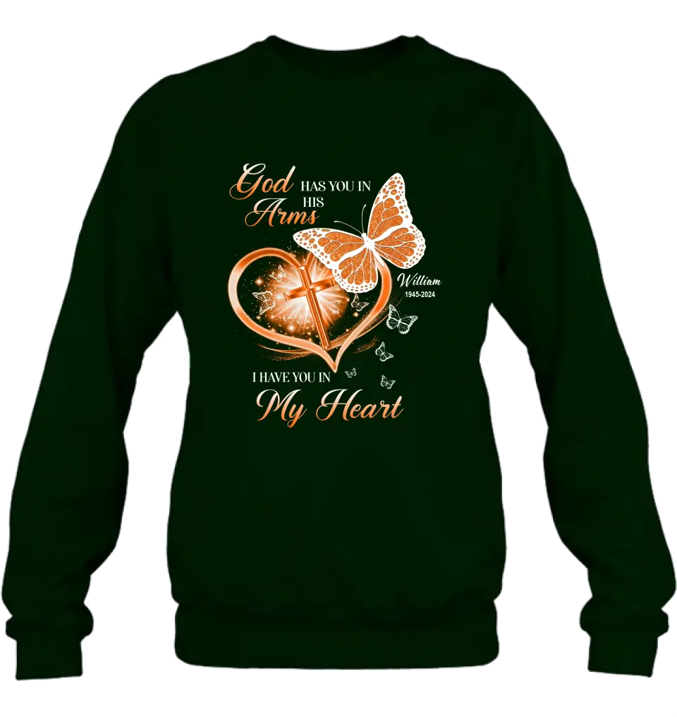 Personalized Memorial T-shirt/Long Sleeve/Sweatshirt/Hoodie - Memorial Gift Idea For Family Member - God Has You In His Arms I Have You in My Heart