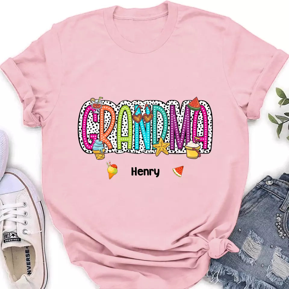 Personalized Grandma Summer Dalmatian Dots T-shirt - Summer  Gift Idea From Kids to Gigi/Grandma - Custom Names with up to 9 Kids
