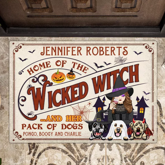 Personalized Witch Dog Doormat - Halloween Gift Idea For Witch/Dog Lovers With Up To 3 Dogs - Home Of The Wicked Witch And Her Pack Of Dogs