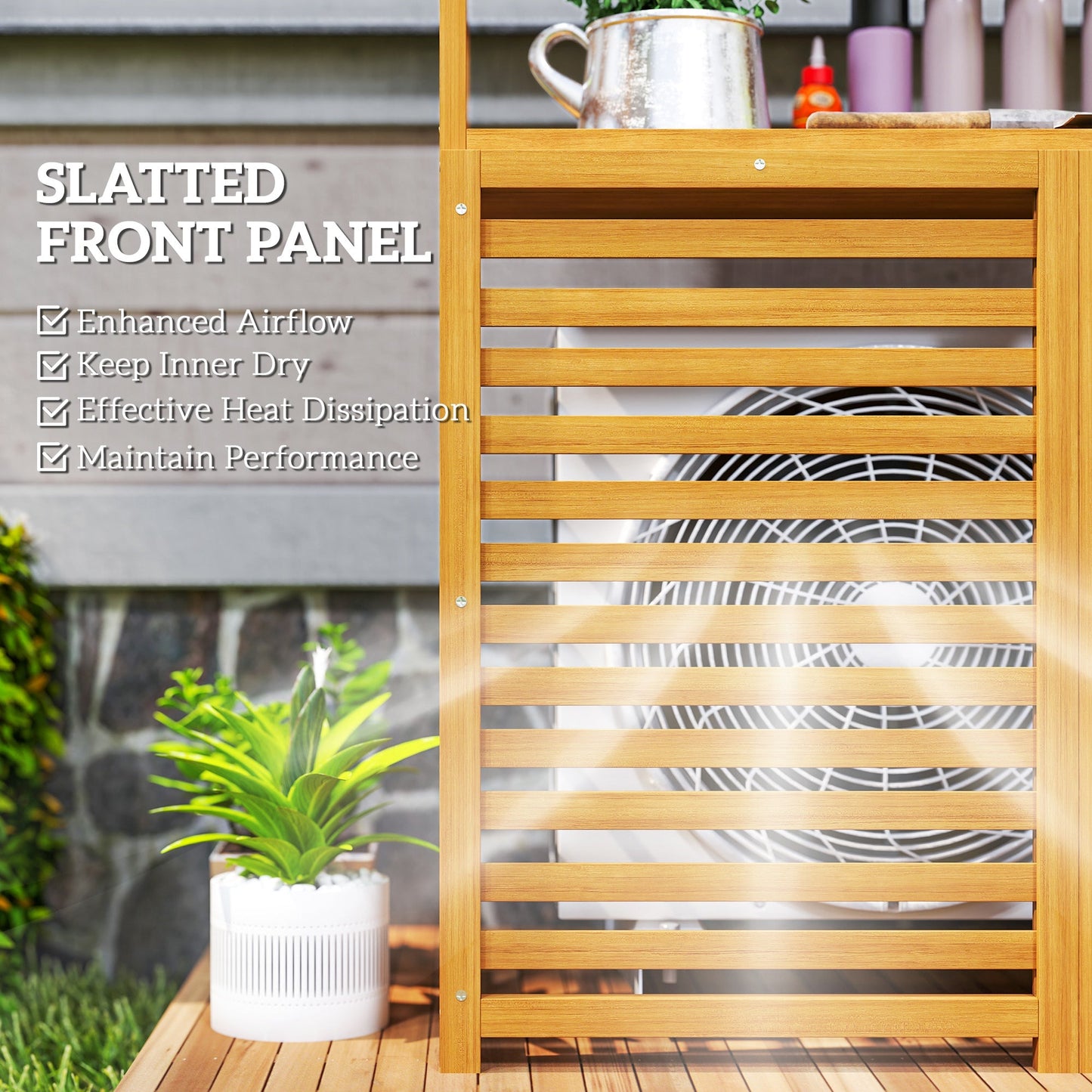 Outsunny Wood Air Conditioner Fence, Outdoor Privacy Screen Potting Table with Shelves