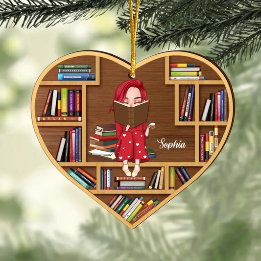 Personalized Reading Girl Heart Shaped Wooden Ornament - Christmas Gift Idea For Book Lover