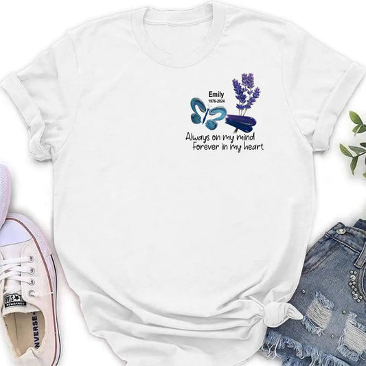 Personalized Memorial Butterfly Shirt/Hoodie - Memorial Gift Idea For Family Member - Always On My Mind Forever In My Heart