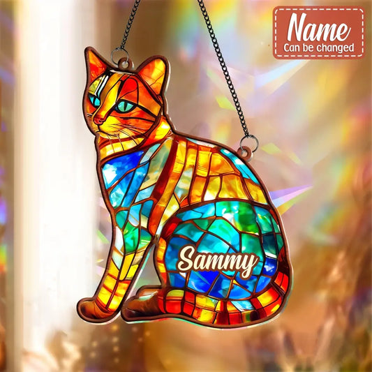 Personalized Cat Hanging Suncatcher Ornament - Custom Cat's Name - Gift Idea For Cat Owner