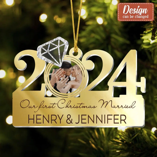 Custom Personalized 2024 Engaged/ Married Acrylic Ornament - Christmas/ Anniversary/ Loving Gift For Couple/ Husband And Wife - Our First Christmas Engaged