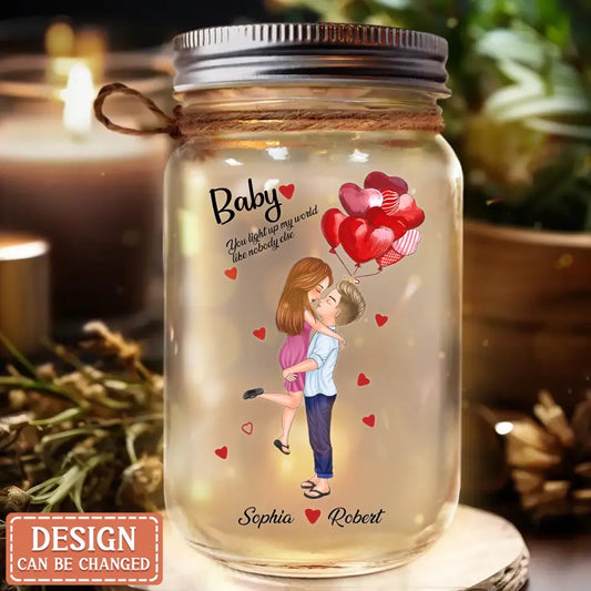 Custom Personalized Couple Mason Jar Light - Anniversary/ Christmas Gift Idea For Couple/ Him Her - You Light Up My World Like Nobody Else
