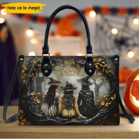 Custom Personalized Witches In Enchanted Forest PU Leather Handbag with Long Straps - Halloween Gift Idea For Woman/ Witch/ Friend