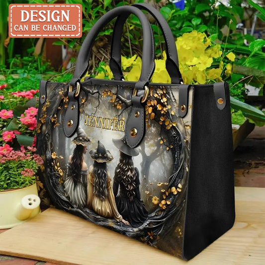 Custom Personalized Witches In Enchanted Forest PU Leather Handbag with Long Straps - Halloween Gift Idea For Woman/ Witch/ Friend