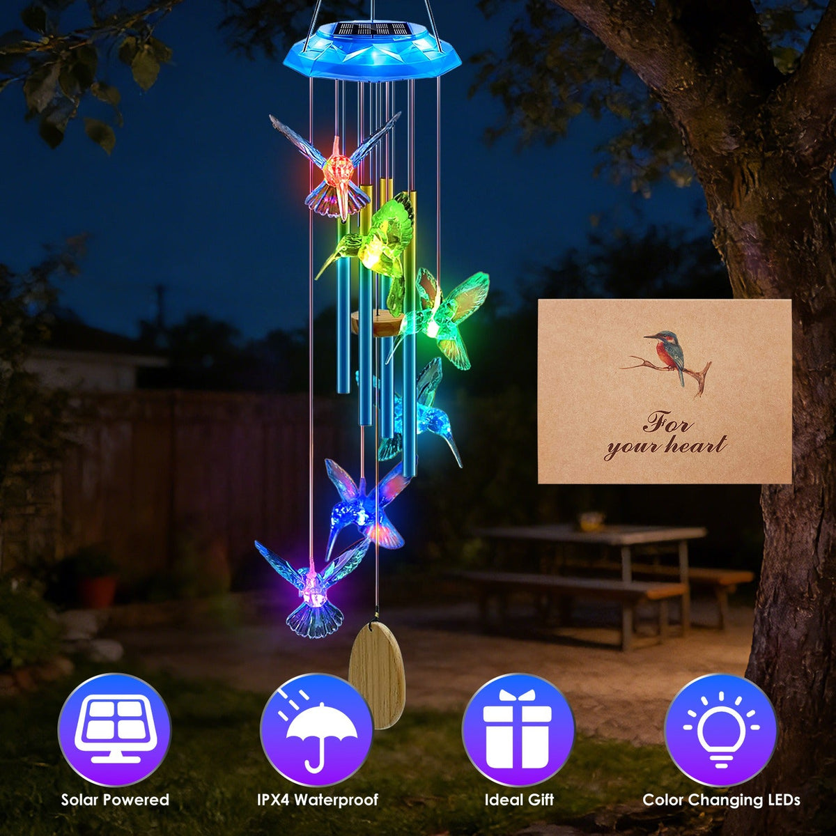 Solar Wind Chime with Color-Changing LED & Aluminum Tubes