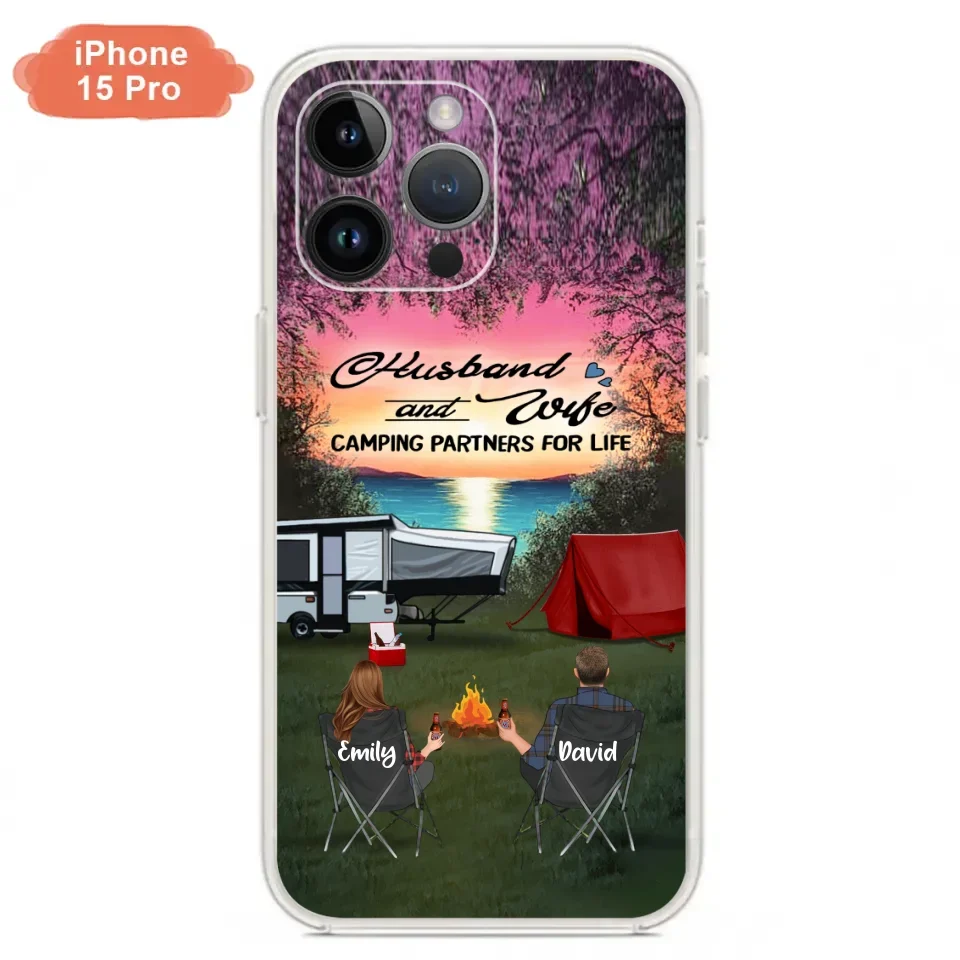 Custom Personalized Camping Phone Case - Couple With Upto 3 Kids And 4 Pets - Gift Idea For Camping Lover - Husband And Wife Camping Partners For Life - Case For iPhone And Samsung