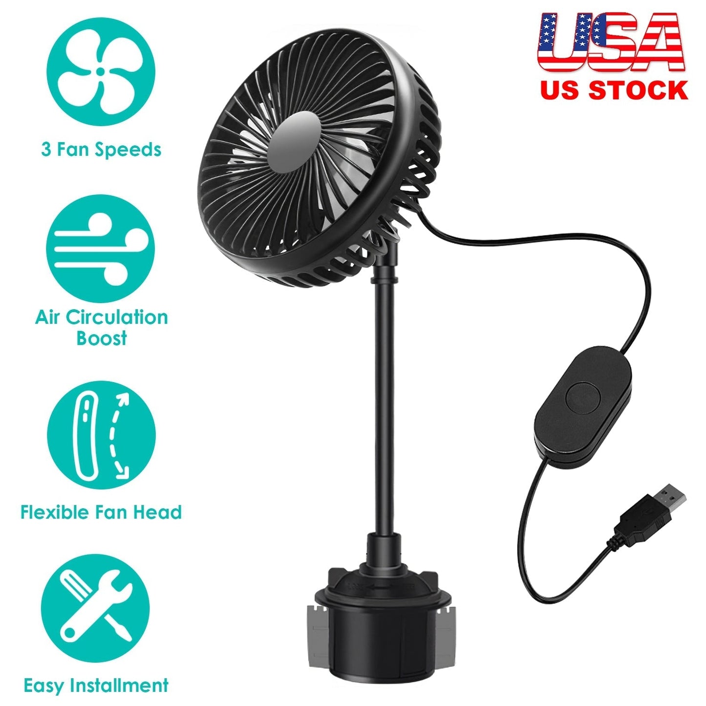 Car Cooling Fan Portable Car Cup Holder Fan Adjustable Gooseneck Fan with 3 Speeds for Car Van Truck SUV RV