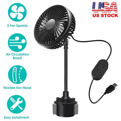 Car Cooling Fan Portable Car Cup Holder Fan Adjustable Gooseneck Fan with 3 Speeds for Car Van Truck SUV RV