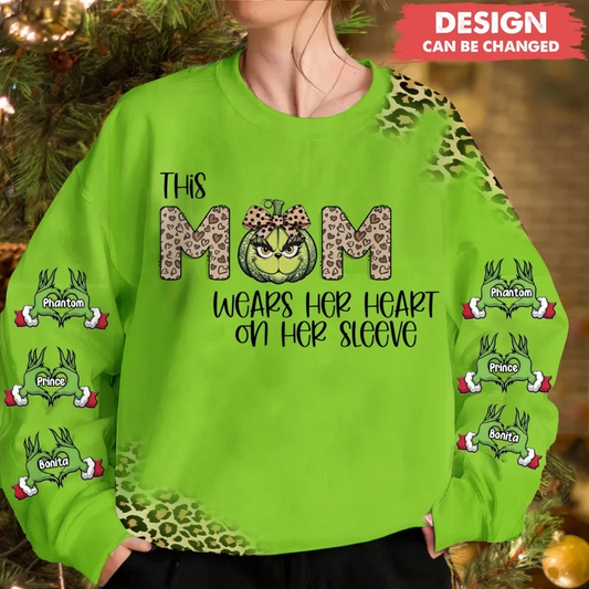 Personalized Mama AOP Sweater - Up to 6 Kids - Christmas Gift Idea For Grandma/Mother - This Mom Wears Her Heart On Her Sleeve