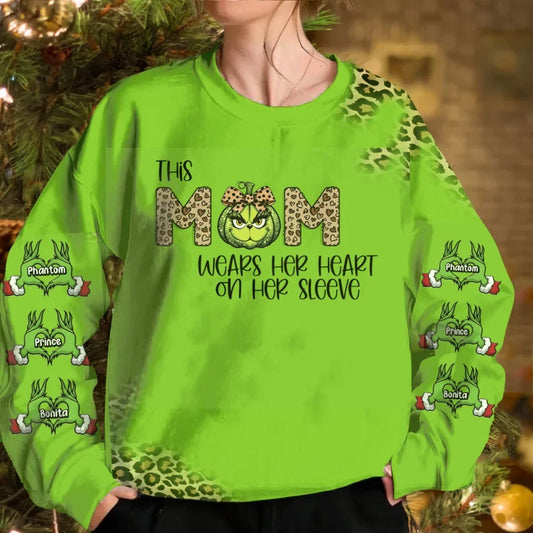 Personalized Mama AOP Sweater - Up to 6 Kids - Christmas Gift Idea For Grandma/Mother - This Mom Wears Her Heart On Her Sleeve