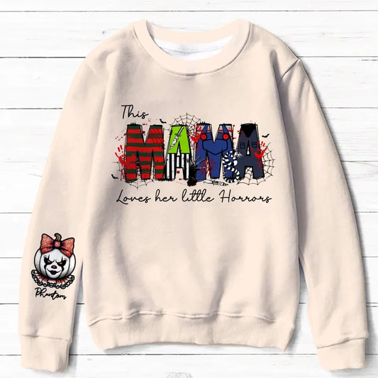 Personalized Mama AOP Sweater - Up to 6 Kids - Halloween Gift Idea For Mother - This Mama Loves Her Little Horrors