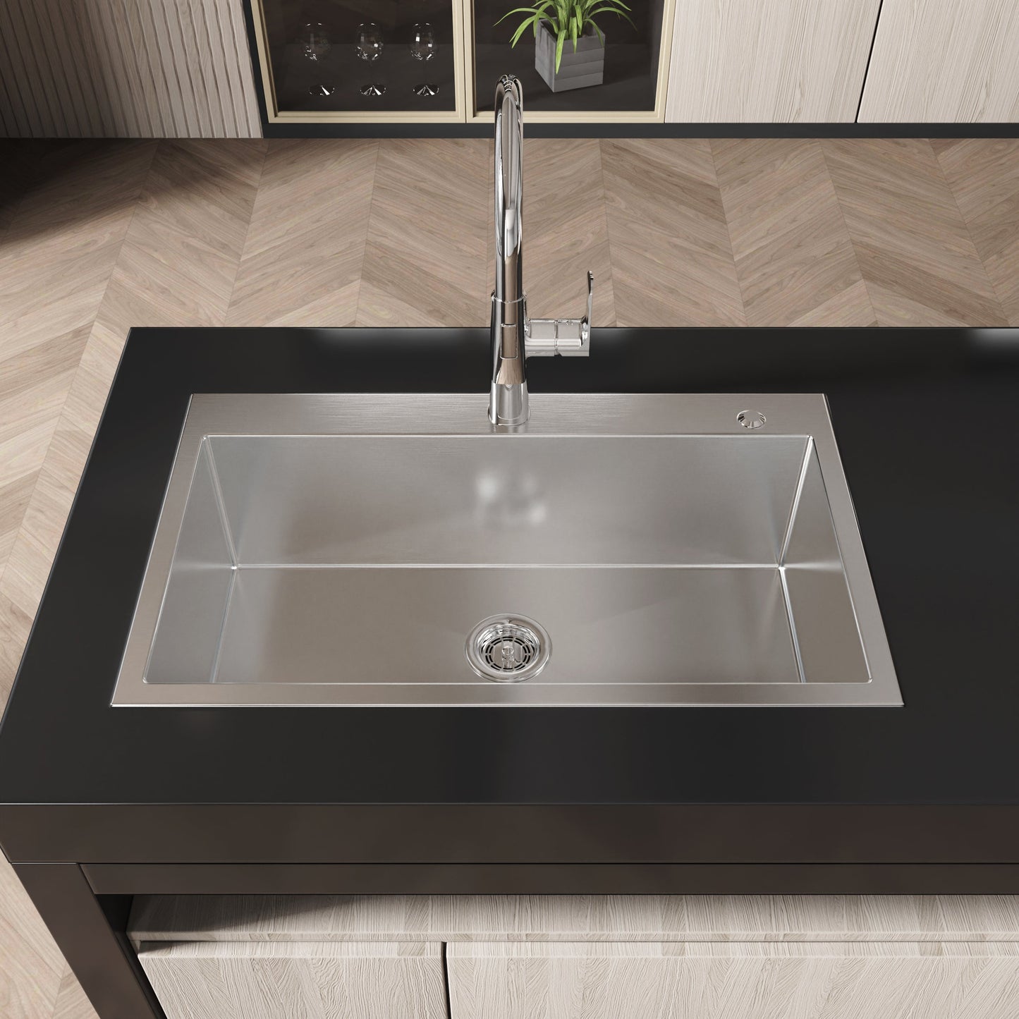 Stainless Steel Kitchen Sink, 32"x19" Single Bowl, Overmount Handmade Brushed Nickel
