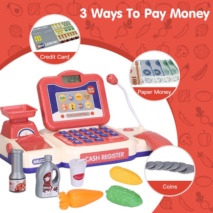 Kids Cash Register Pretend Play Cashier Toy with Scanner Calculator Credit Card Money Grocery Products Educational Toy Gift for Kids Aged 3 4 5 6 Year