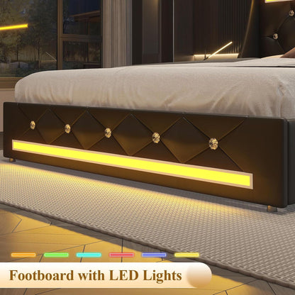 Wingback Upholstered Bed Frame With LED Lights, Charging Station