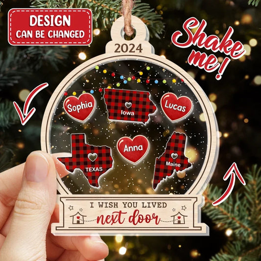Personalized State 3 Layered Shaker Ornament - Up to 5 People - Gift Idea For Friends/Besties/Sisters - I Wish You Lived Next Door